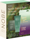NOBE Nordic Forest Bath Skincare Rituals; lahjasetti sisältää Forest Barefoot Balm -tuubin ja Forest Elixir Microbiome Balancing -kangasnaamion, kaikki esiteltynä vihreä-violetissa liukuvärillisessä pakkauksessa, joka on inspiroitunut luonnon rauhasta.