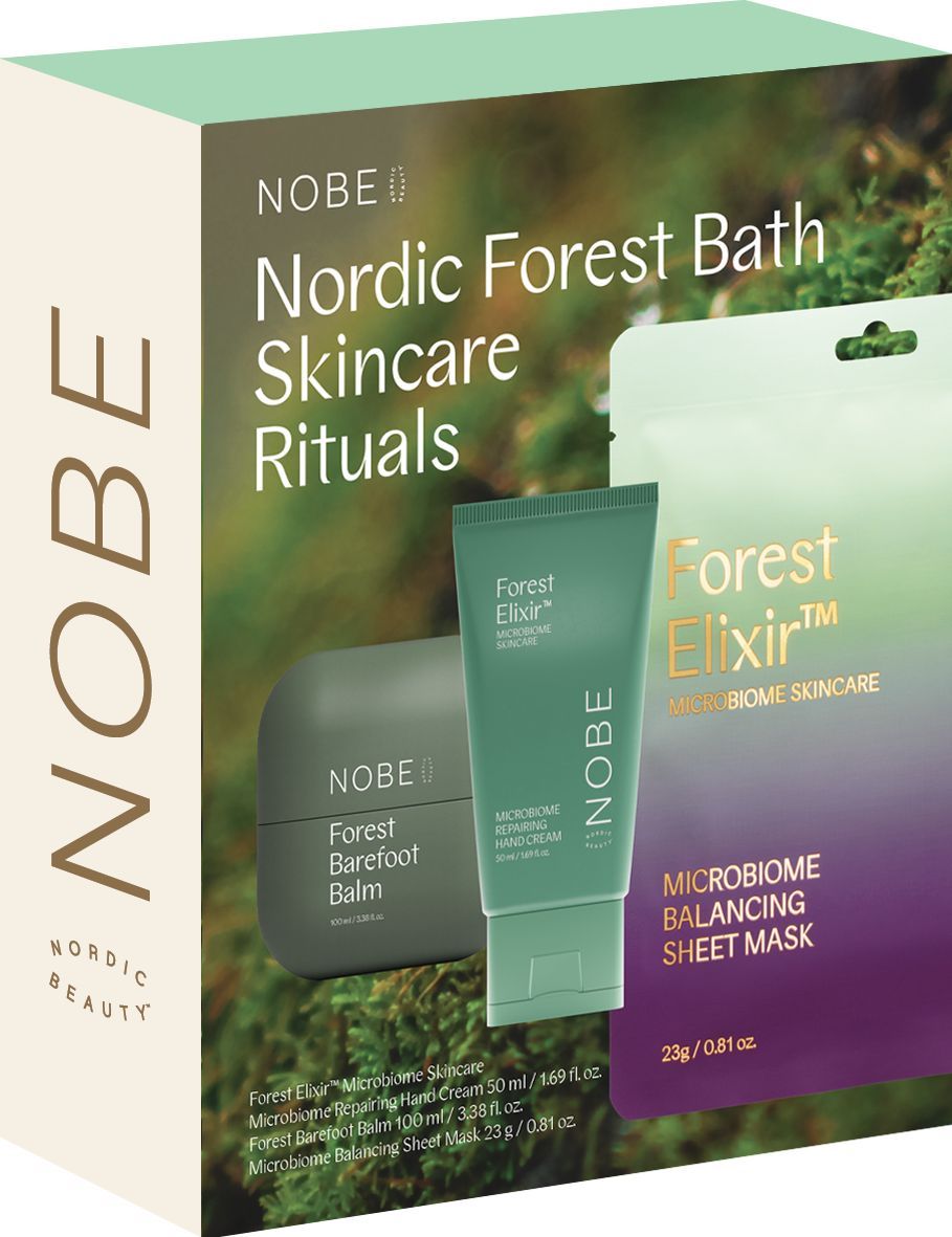 NOBE Nordic Forest Bath Skincare Rituals; lahjasetti sisältää Forest Barefoot Balm -tuubin ja Forest Elixir Microbiome Balancing -kangasnaamion, kaikki esiteltynä vihreä-violetissa liukuvärillisessä pakkauksessa, joka on inspiroitunut luonnon rauhasta.