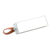 A rectangular, modern LED lamp with a silver metal frame and matte finish has a brown leather strap handle attached at the top. The product is shown without packaging or labels, placed upright against a plain white background. No people or actions are visible in the image.