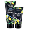Lemon Juice & Glycerine Jalkahoito 2-pack; kaksi mustaa tuubia eloisin sitruuna- ja lehtikuvioin, merkitty Jalka-kuorinta ja Kantapää-voide; pakkaus muovia mattapinnalla ja selkeää modernia suomenkielistä typografiaa; ainesosina mainitaan Lemon Juice & Glycerine; tuubeissa läppäkannet, seisovat neutraalilla alustalla ilman ihmisiä tai käsiä.