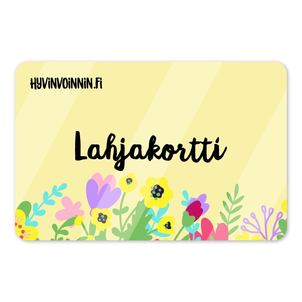 Keltainen Hyvinvoinnin Tavaratalo Lahjakortti, jonka yläreunassa lukee "HYVINVOINNIN.FI", lihavoidulla mustalla tekstillä "Lahjakortti" ja alareunassa värikkäitä kukkia. Sisältää lahjakortin aikataulutusominaisuuden.
