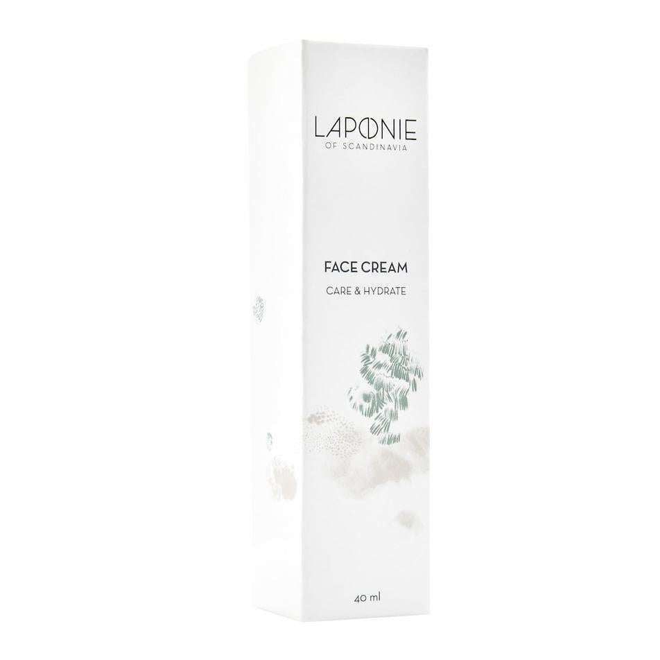 Laponie of Scandinavia Kasvovoide; korkea valkoinen suorakulmainen pakkaus tekstillä "Laponie of Scandinavia Face Cream, 40 ml" minimalistisin, Skandinavian luonnosta ammentavin kasvikuvituksin; pinta mattainen; pakkaus pystyssä vaalealla taustalla; teksti groteskikirjasimella, tuotenimi ja tilavuus näkyvissä etupaneelissa; ei ihmisiä tai käsiä kuvassa.