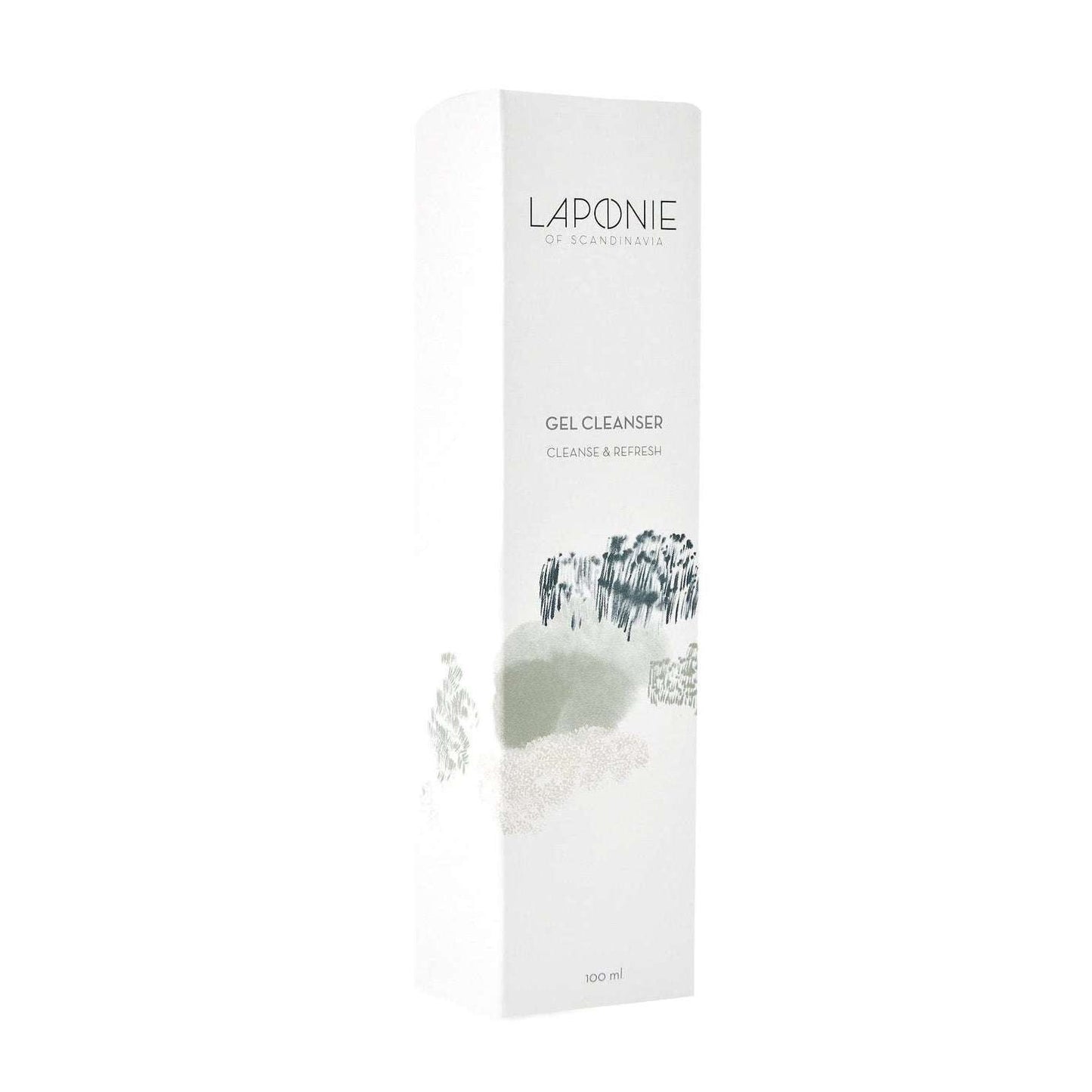Laponie of Scandinavia Puhdistusgeeli; valkoinen suorakulmainen pakkaus minimalistisin harmain ja mustin abstraktein viivakuvioin, teksti "Gel Cleanser 100 ml" mattapintaisena groteskikirjasimella; pakkaus vaalealla taustalla suoraan edestä kuvattuna, ei ihmisiä tai muita esineitä kuvassa.