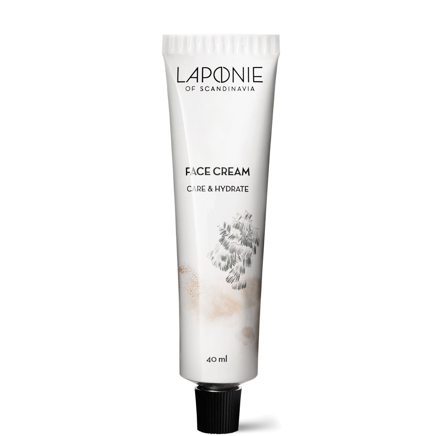 Laponie of Scandinavia Kasvovoide; valkoinen tuubi tekstillä "Laponie of Scandinavia Face Cream Care & Hydrate, 40 ml" mustalla korkilla ja minimalistisin kasviaihein; tuubi mattapintainen ja pystysuorakulmainen; teksti mustalla groteskikirjasimella; vaalea tasainen tausta, ei muita esineitä tai ihmisiä kuvassa.