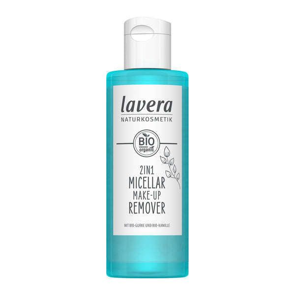 Lavera 2in1 Micellar Meikinpoistoaine; pullo Lavera Naturkosmetik 2-in-1 Micellar Make-Up Remover -tuotetta valkoisella etiketillä ja sinisellä nesteellä, luomusertifiointi, kasviaiheiset kuvitukset ja hellävarainen micellaarinen teknologia; sylinterinmuotoinen muovipullo kirkkaana pyöristetyin olkapäin; etiketissä groteskitekstiä eri painoin; tausta valkoinen ilman muita esineitä tai käsiä.