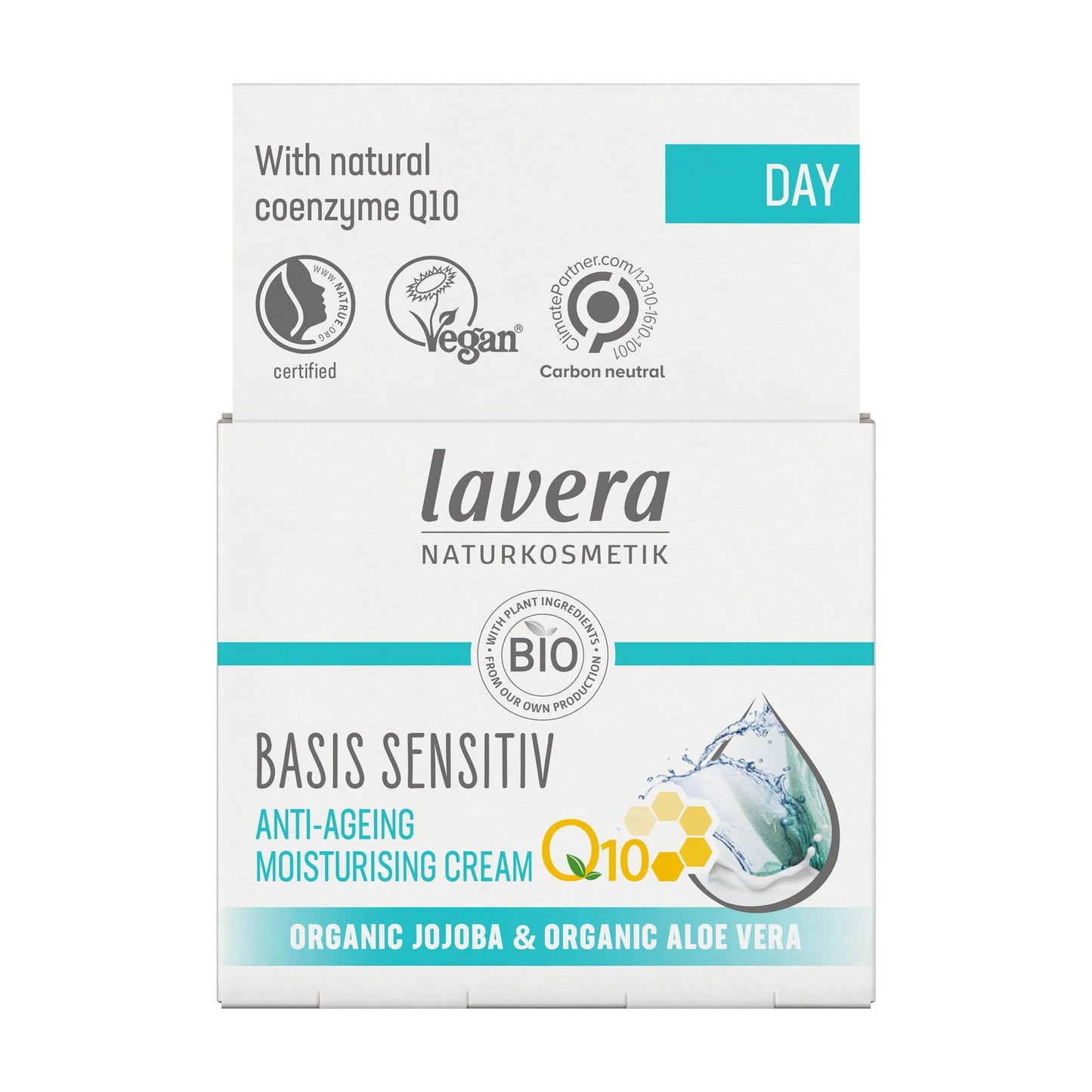 Front of a Lavera Basis Sensitiv Anti-Ageing Moisturising Cream box, highlighting product claims such as vegan, carbon neutral, organic jojoba, and aloe vera, with an image of water droplets and a leaf. Rectangular cardboard box with matte white surface and blue-green accents; sans-serif font in various weights. Product name is prominent at the top. Background is plain white; no people or actions present.