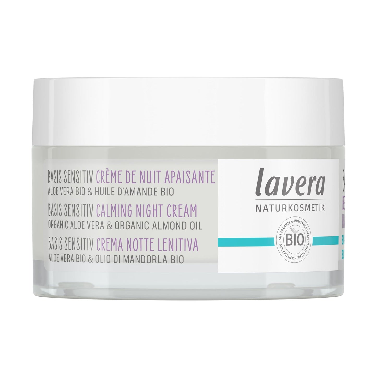 A white jar of Lavera Calming Night Cream with organic aloe vera and almond oil. The cylindrical container has a matte finish and a white screw cap. Text is printed in black and green, using sans-serif fonts. Label displays English, French, and Italian product details, including a certified organic logo. Neutral background; no people or hands are present in the shot.