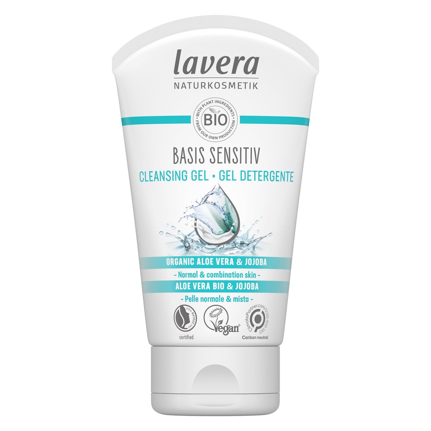 A white tube of Lavera Basis Sensitiv Cleansing Gel featuring blue accents, text in English and Italian, and certification logos. The packaging highlights organic aloe vera and jojoba oils for normal and combination skin. Tube has a flip cap, smooth matte finish, rounded edges. Sans-serif typography is used for the brand name and product info. Product appears against a plain background with even lighting. No people or hands are present in the image.