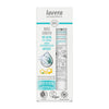A box of Lavera Basis Sensitiv Anti-Ageing Eye Cream with Q10, featuring organic mallow and shea butter. Box is white with blue and silver accents, matte finish, rectangular shape. Tube inside is partially visible through a clear plastic window. Sans-serif text displays product name and certifications such as vegan and carbon-neutral. No people or hands present; plain white background; standard product shot.