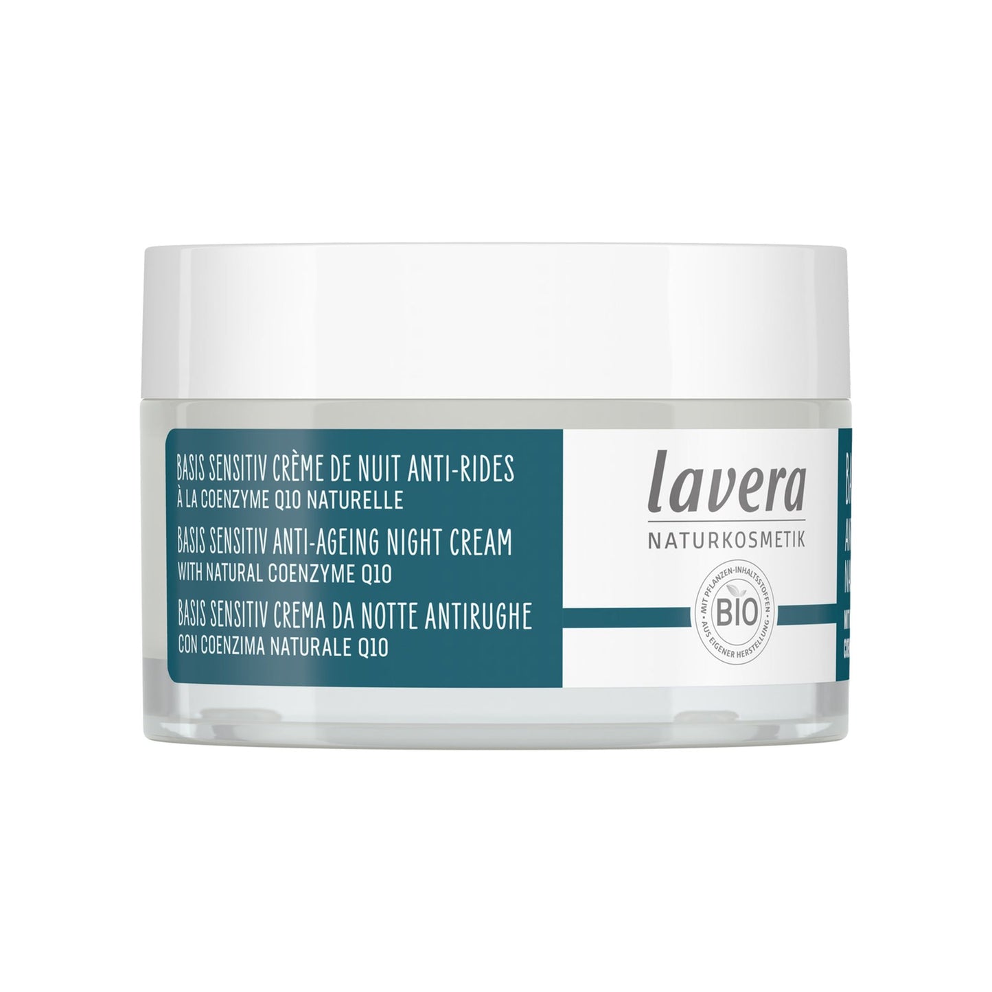 A white jar of Lavera Basis Sensitiv Anti-Ageing Night Cream with Q10, featuring green and white multilingual labeling and a transparent, glossy plastic lid. The container is cylindrical with straight sides. Label text is in various languages, using clear sans-serif fonts. The background is plain white. There are no people or hands present in the image.