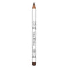 A sharpened eyebrow pencil with a white body, black text reading EYEBROW PENCIL, and a brown tip. The pencil features small icons and subtle branding printed on it. Matte finish on the pencil body; cylindrical shape. Legible label is sans-serif, all uppercase. No cap is visible. Product photographed against a plain background, no packaging present, no hands or people in the image, close-up shot.