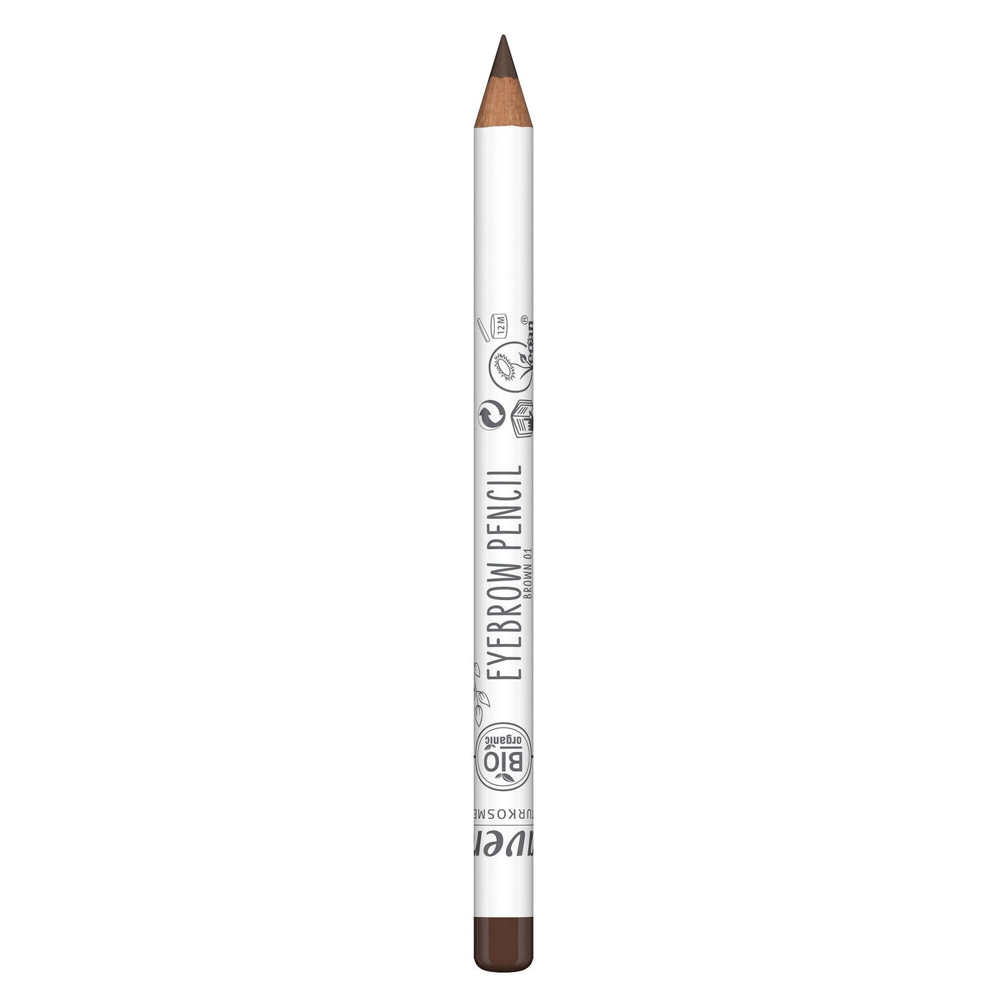 A sharpened eyebrow pencil with a white body, black text reading EYEBROW PENCIL, and a brown tip. The pencil features small icons and subtle branding printed on it. Matte finish on the pencil body; cylindrical shape. Legible label is sans-serif, all uppercase. No cap is visible. Product photographed against a plain background, no packaging present, no hands or people in the image, close-up shot.