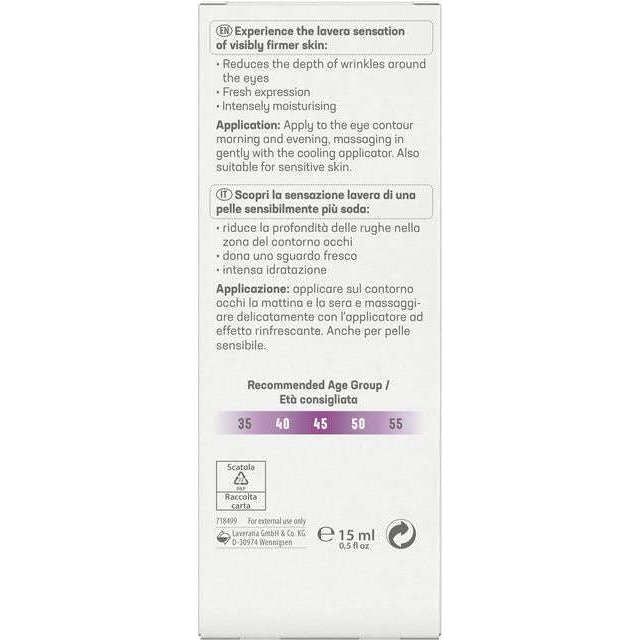 Back of a skincare product box detailing benefits, application instructions, and recommended age groups (35, 40, 45, 50, 55). The text appears in both English and Italian. The box has a rectangular shape with a matte finish and light-colored surface. Recycling and barcode symbols are visible. Sans-serif typeface is used. Background is plain with no people or hands present.
