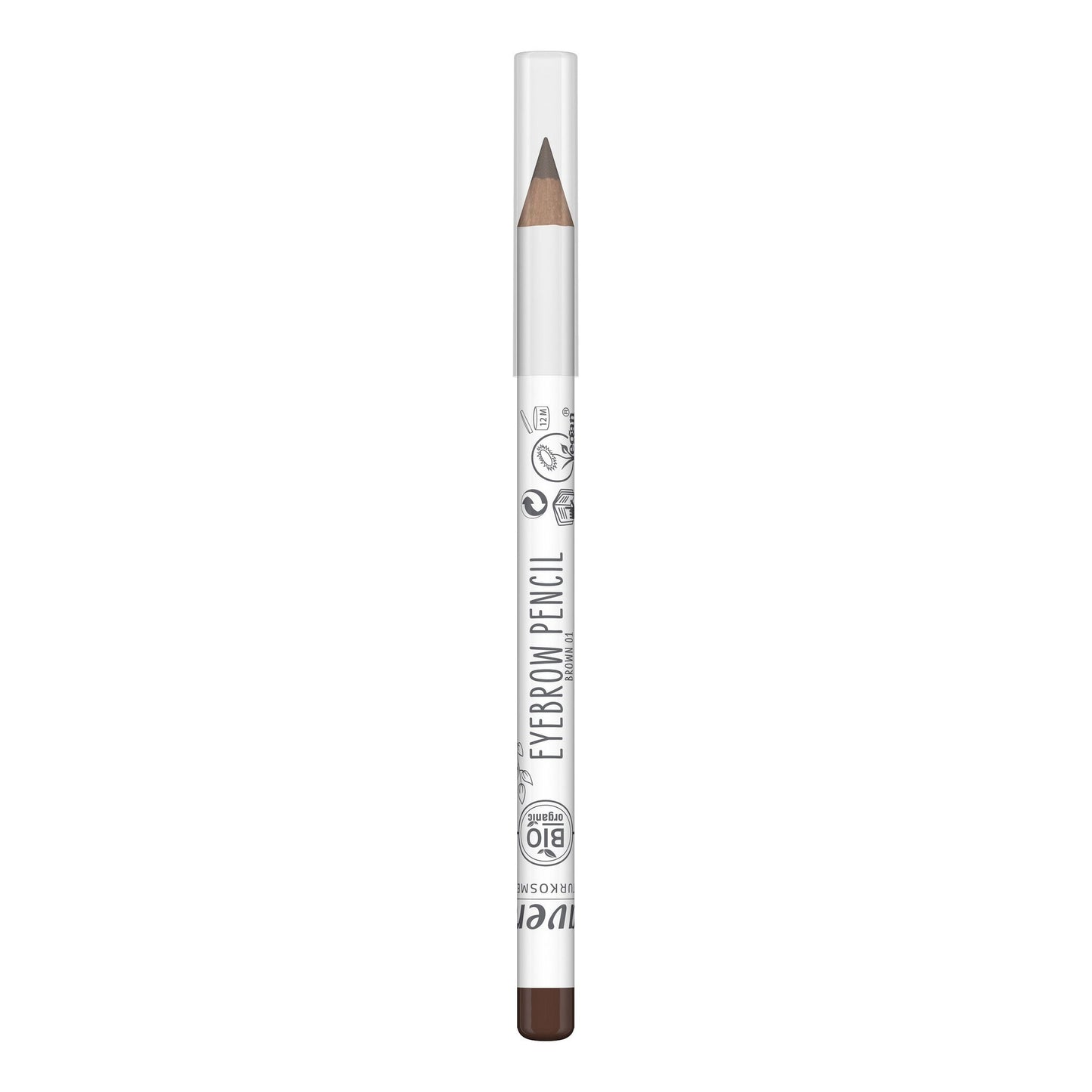 A brown eyebrow pencil with a white barrel, clear cap, and bold black text and logos on the packaging stands upright on a white background. The pencil is cylindrical, with a glossy plastic finish on both barrel and cap. Typography is bold sans-serif in black. No people or hands visible. Shot is a simple product photo with no props.