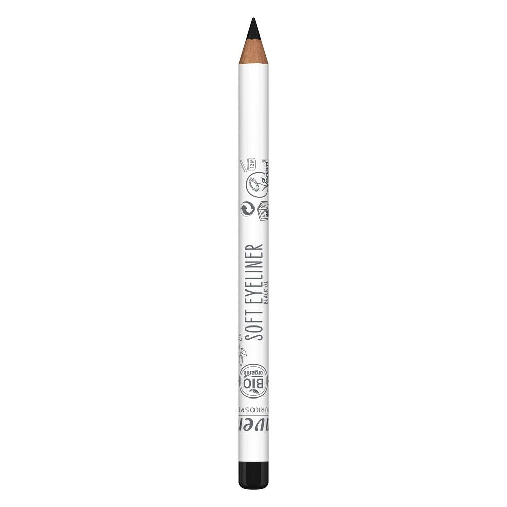 A white pencil with a black tip labeled Soft Eyeliner, featuring various certification logos and a black cap on the end opposite the tip. The pencil is cylindrical and has a matte finish. The label text is printed in simple, sans-serif font. Several small logos are printed near the center of the pencil body. The background is plain and light-colored, with no people or hands visible in the image. This eyeliner offers smooth, precise application.