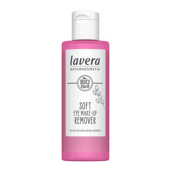 Lavera Soft Eye Silmämeikinpoistoaine; vaaleanpunainen pullo Lavera Naturkosmetik Soft Eye Make-Up Remover -tuotetta valkoisella etiketillä, jossa brändinimi, BIO-luomumerkintä ja tuotetiedot; pullo sileän sylinterinmuotoinen valkoisella korkilla; etiketin teksti keskitetty groteskikirjasimella; tuote valkoisella taustalla eristetyssä studiokuvassa, ei ihmisiä tai käsiä kuvassa.