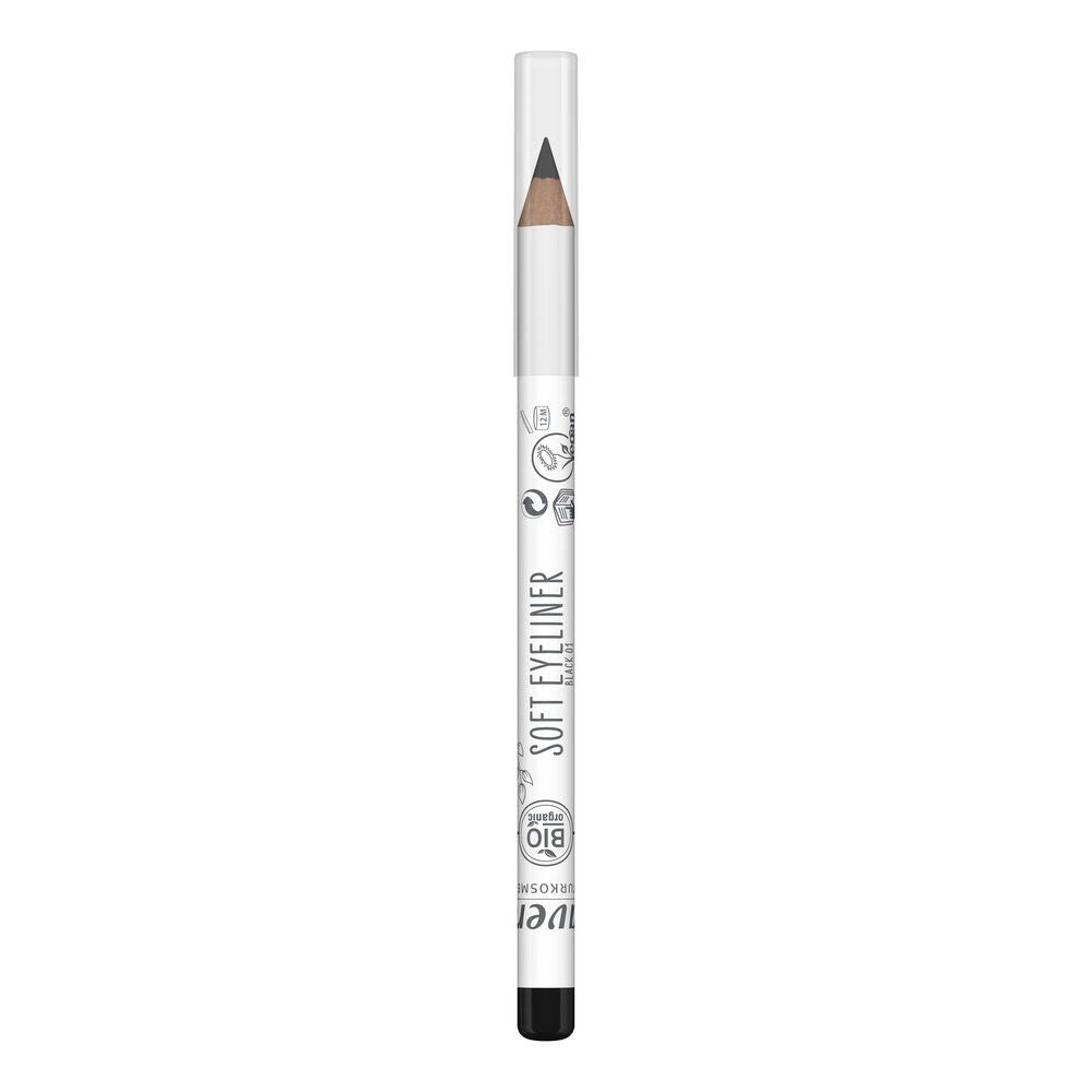 A white pencil with “Soft Eyeliner” printed in a simple black font, featuring a black tip and covered by a transparent plastic cap. The surface of the pencil is matte. Product stands vertically on a plain white background, no other objects or people present. The label text “Soft Eyeliner” is clearly visible.