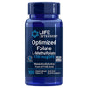 Life Extension Optimized Folate; sininen sylinterinmuotoinen muovipullo mattapintaisena ruuvikorkilla; etiketissä teksti "Life Extension Optimized Folate L-Methylfolate 1700 mcg DFE" selkeällä groteskikirjasimella, lisäksi "100 vegetarian tablets", "gluten-free" ja "non-GMO formula"; tuote kuvattu valkoisella taustalla, ei ihmisiä tai käsiä kuvassa.