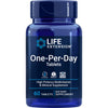 Life Extension One-Per-Day Tablets; sininen muovipullo Life Extension One-Per-Day -tabletteja, sylinterinmuotoinen mattaetiketillä; etuetiketissä valkoinen ja keltainen groteskiteksti: tuotenimi, "tehokas monivitamiini- ja kivennäisainevalmiste", "60 tablettia", "gluteeniton", "ei muuntogeeninen" sekä ravinnollisia väitteitä; ei ihmisiä tai käsiä kuvassa, neutraali studiotausta, tavanomainen tuotekuva.