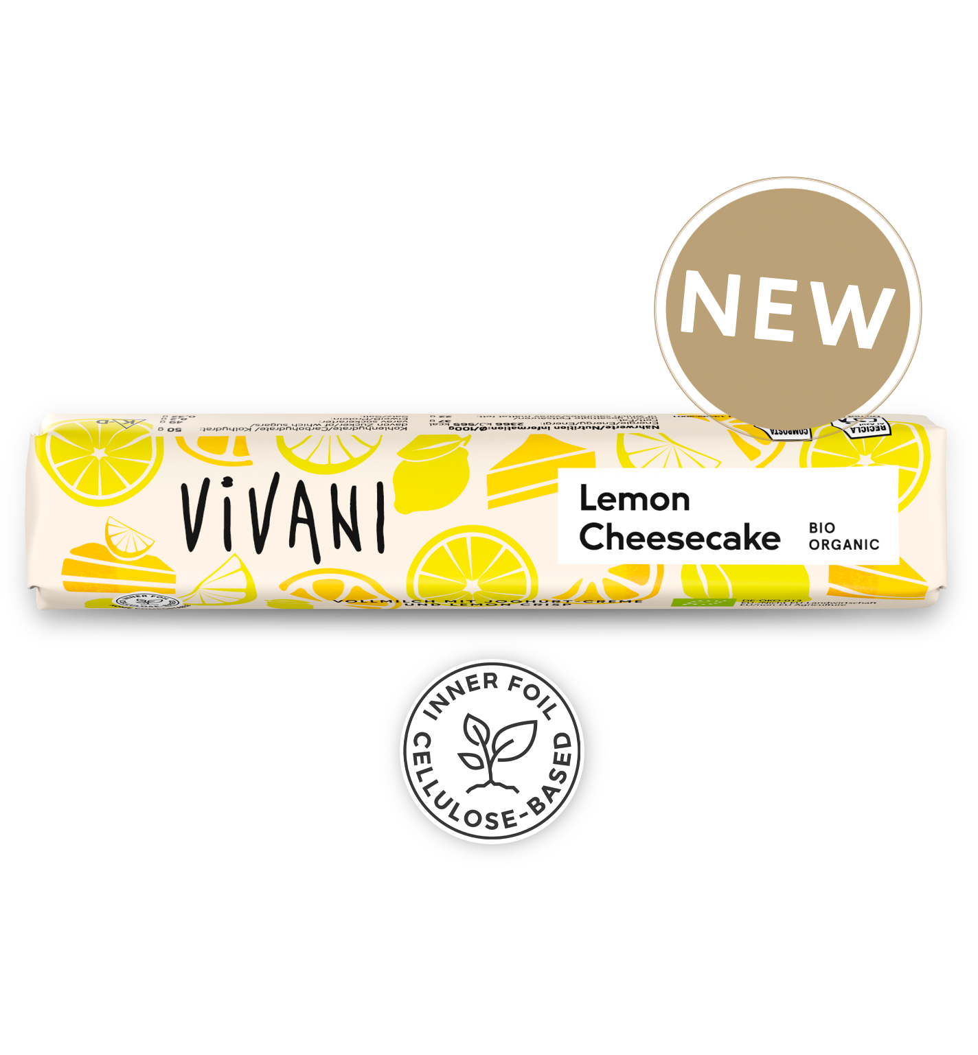 Vivani Luomu Sitruuna-Juustokakku Suklaapatukka; Vivani Lemon Cheesecake -suklaapatukka keltaisessa, valkoisessa ja vihreässä suorakaiteen muotoisessa pakkauksessa mattapinnalla ja useilla sitruunaviipalekuvituksilla; etiketissä mainittu sisemmän foliokääreen selluloosapohjaisuus; pakkauksen etusivulla lihavoitua groteskitekstiä ”NEW” ja ”BIO ORGANIC”; ei ihmisiä tai käsiä; kuva neutraalilla taustalla, pakkaus kokonaan näkyvissä.