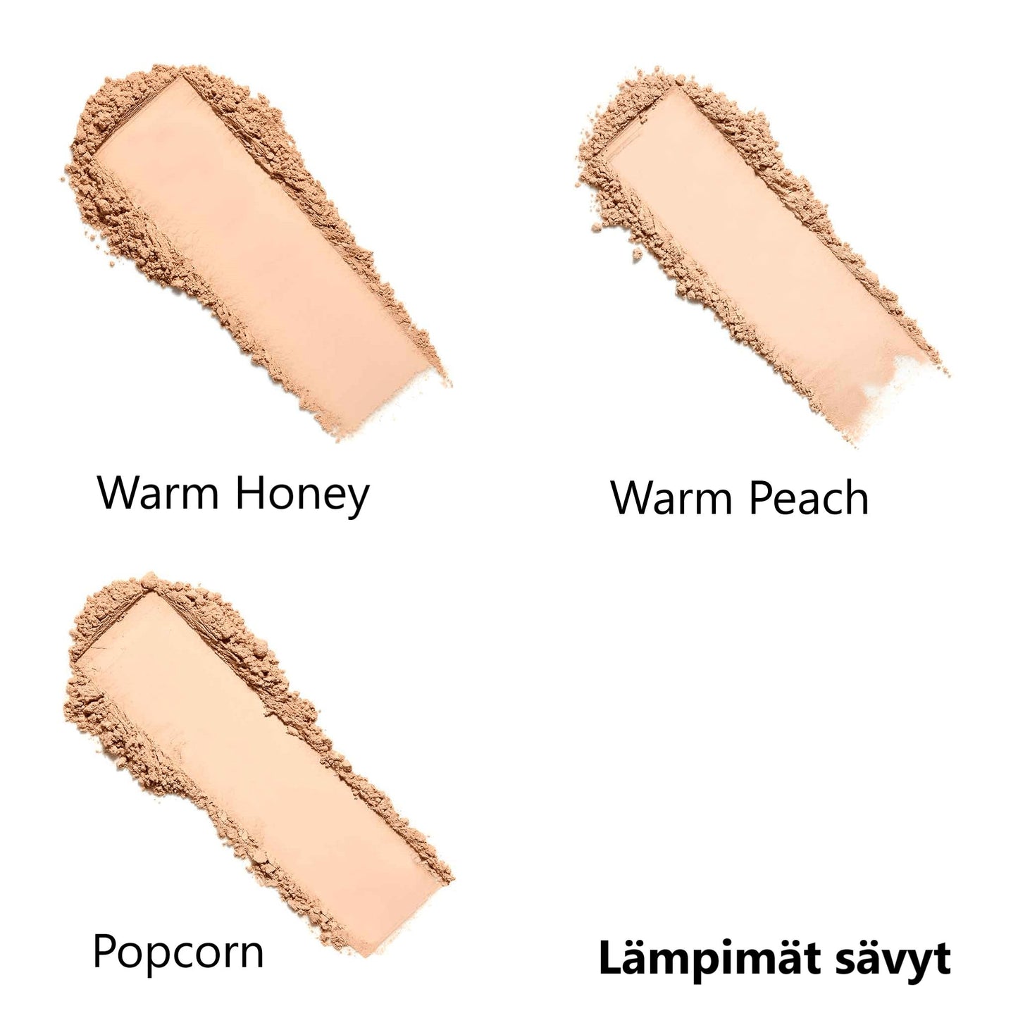Three foundation swatches labeled Warm Honey, Warm Peach, and Popcorn are arranged on a white background. Each swatch is an oval smear with a creamy consistency and muted satin finish. Legible text “Lämpimät sävyt” in the lower right corner uses simple sans-serif font. No packaging or people are visible in this close-up product shot.