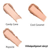 Three swatches of makeup powder labeled Candy Cane, Cool Caramel, and Popsicle are shown on a white background. Matte surface finish is visible. The powders are arranged in horizontal stripes with typed labels beneath each swatch using a simple sans serif font. Finnish text Viileäpohjaiset sävyt appears in the bottom right corner. No packaging, people, or actions present.
