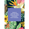A purple box with Finnish text is centered on a colorful tropical floral background with vibrant green leaves and bright yellow, pink, and orange flowers. The box is rectangular, made of cardstock or lightweight cardboard, with a matte finish. The typing on the box uses clear, sans-serif font in white. No people or hands are visible in the photo. Image appears to be a product shot taken overhead.