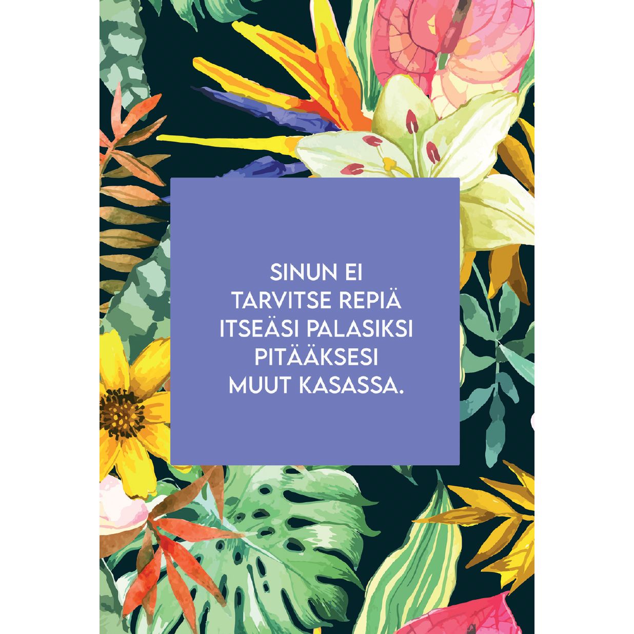 A purple box with Finnish text is centered on a colorful tropical floral background with vibrant green leaves and bright yellow, pink, and orange flowers. The box is rectangular, made of cardstock or lightweight cardboard, with a matte finish. The typing on the box uses clear, sans-serif font in white. No people or hands are visible in the photo. Image appears to be a product shot taken overhead.