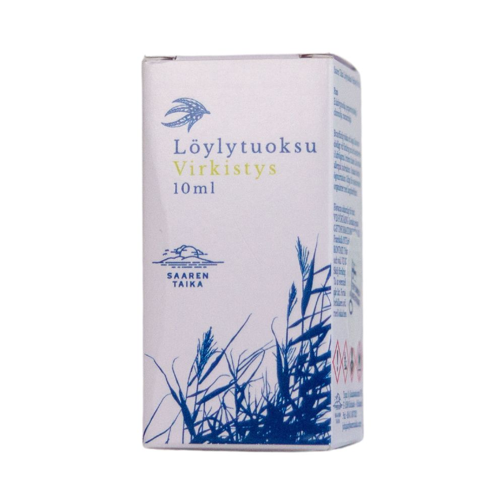 Rectangular small white box with matte finish. Blue plant illustrations printed on multiple sides. Finnish text includes “Löylytuoksu Virkistys 10ml” along with visible brand logo. Compact sans-serif typography style used for label and details. Safety information and additional product details shown on side panels. No people or hands present, neutral background, direct product shot. A small white box with blue plant illustrations and Finnish text, including Löylytuoksu Virkistys 10ml. The brand logo,
