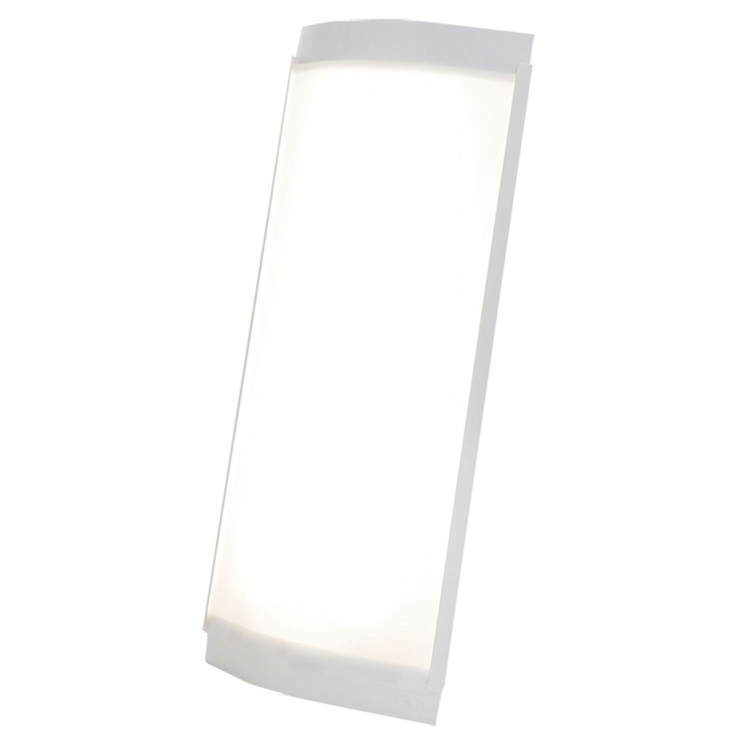 A rectangular LED panel light with a white frame is illuminated against a plain white background, photographed at a slight angle. Frame has a matte finish and even edges; no visible branding or text. No people or props are present in the image. The panel surface emits uniform white light and is flush with the frame.