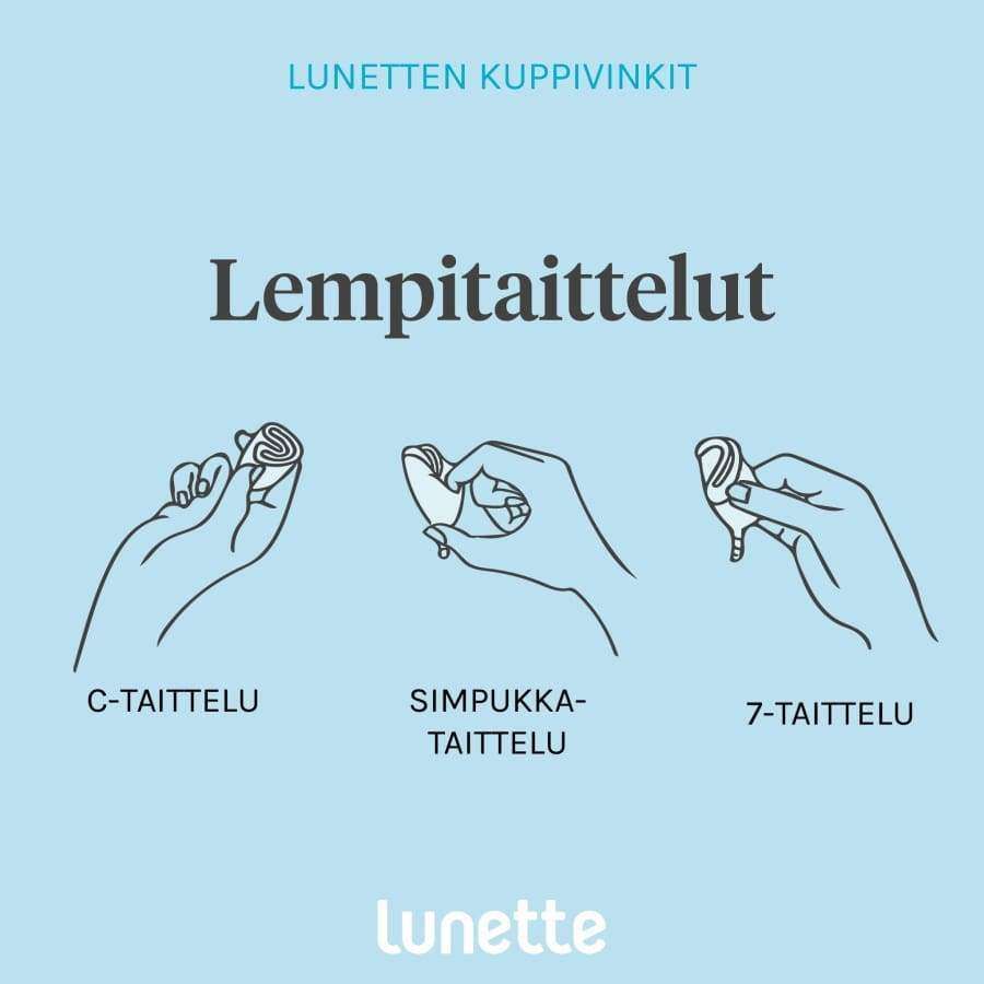 Kolme käsipiirrosta, jotka näyttävät kuukupin taittamisen C-taitolla, painallustaitolla ja 7-taitolla; sininen tausta, valkoinen suomenkielinen teksti ja Lunette-logo