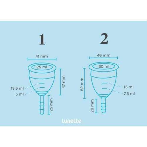 Kaavio vertailee kahta Lunette-kuukuppia: Kuppi 1 tilavuus 25 ml, leveys 41 mm, pituus 47 mm; Kuppi 2 tilavuus 30 ml, leveys 46 mm, pituus 52 mm; mittaviivat ja teksti selkeästi merkittynä