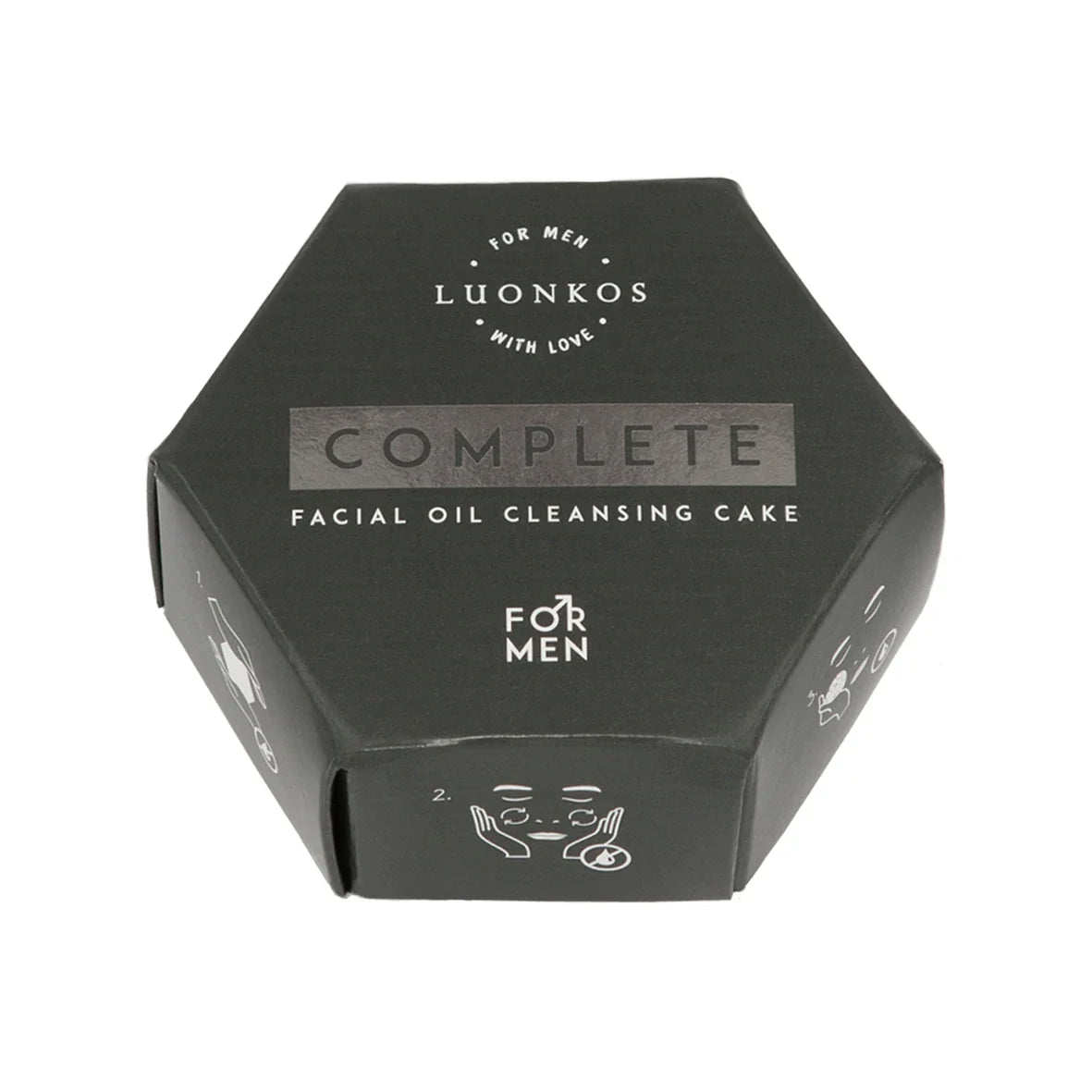 Kuusikulmainen musta laatikko merkinnällä Luonkos Complete Facial Oil Cleansing Cake for Men, jossa on pelkistettyjä viivapiirroksia kasvojenpuhdistusvaiheista sivuilla. Laatikko on mattamusta valkoisella pääteviivattomalla typografialla. Kuvitukset ovat yksinkertaisia valkoisia viivoja. Ihmisiä tai käsiä ei näy. Tuote on keskellä pelkistettyä, vaaleaa taustaa vasten tavanomaisessa tuotekuvassa.