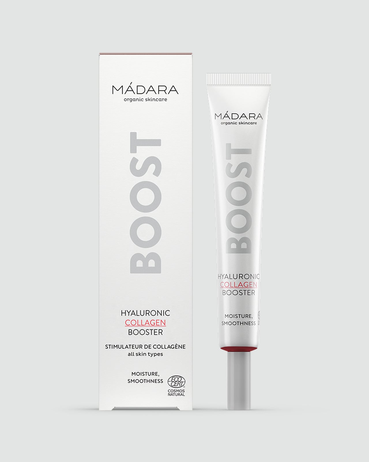 Madara BOOST Hyaluronic Collagen Hyaluronihapposeerumi; tuubi ja pakkaus vierekkäin