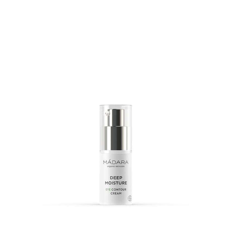 MÁDARA Deep Moisture Silmänympärysvoide -pullo, valkoinen, hopeinen pumppukorkki, kiiltäväpintainen; musta groteskiteksti tuotenimestä ja brändistä