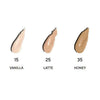 MÁDARA The Concealer; kolme peitevoidenäytettä nimillä "Vanilla 15" (vaalea), "Latte 25" (keskisävy) ja "Honey 35" (ruskehtava), esiteltynä valkoisella taustalla monipuolisen sävyvalikoiman osoittamiseksi; näytteet beigestä ruskeaan, kermapohjaiset ja puolimatta pinnat; kaikki merkinnät mustalla groteskifontilla kunkin näytteen yläpuolella tai vieressä; ei pakkausta tai ihmisiä.
