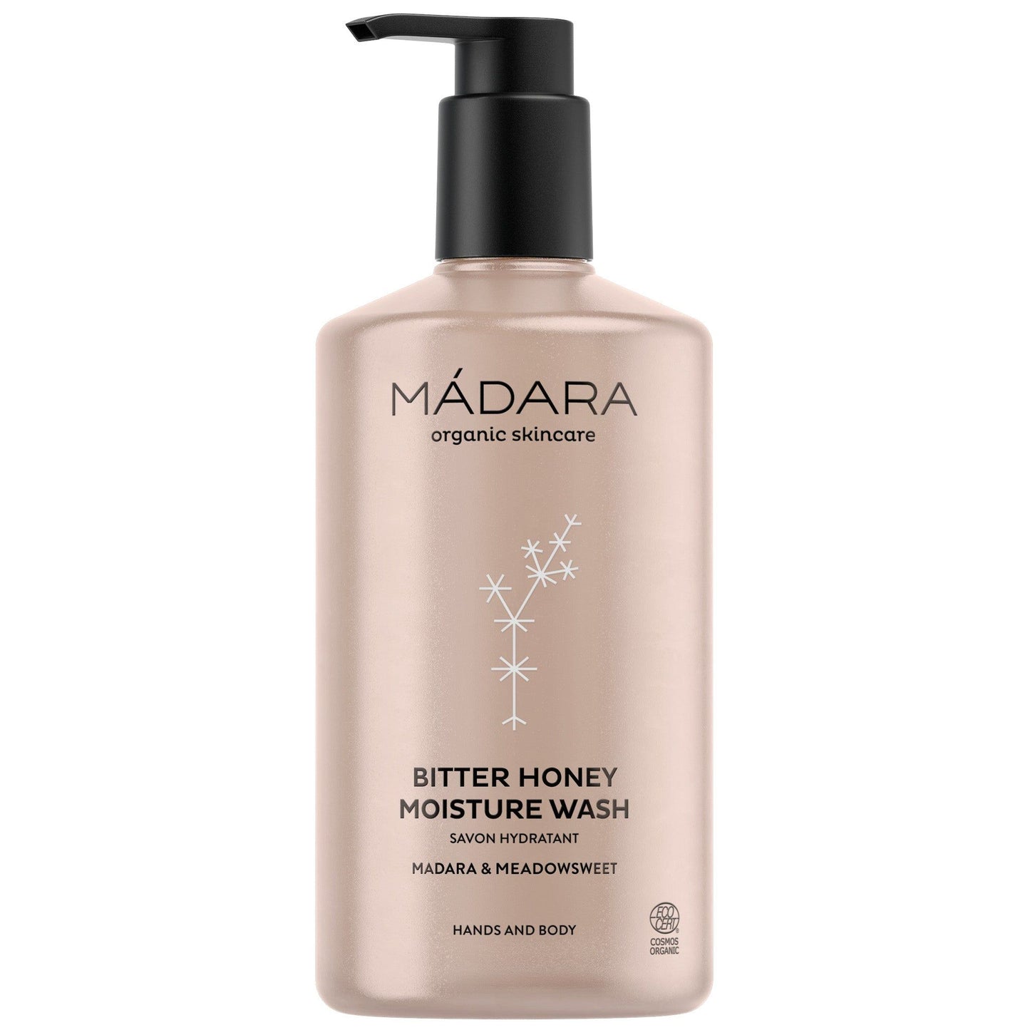 A pump bottle of Mádara Bitter Honey Moisture Wash for hands and body, featuring a minimalist design with black sans-serif text and small white star icons on a metallic beige cylindrical bottle with a glossy finish. The only text reads the product name and its intended use. Background is plain; no people or hands are visible.