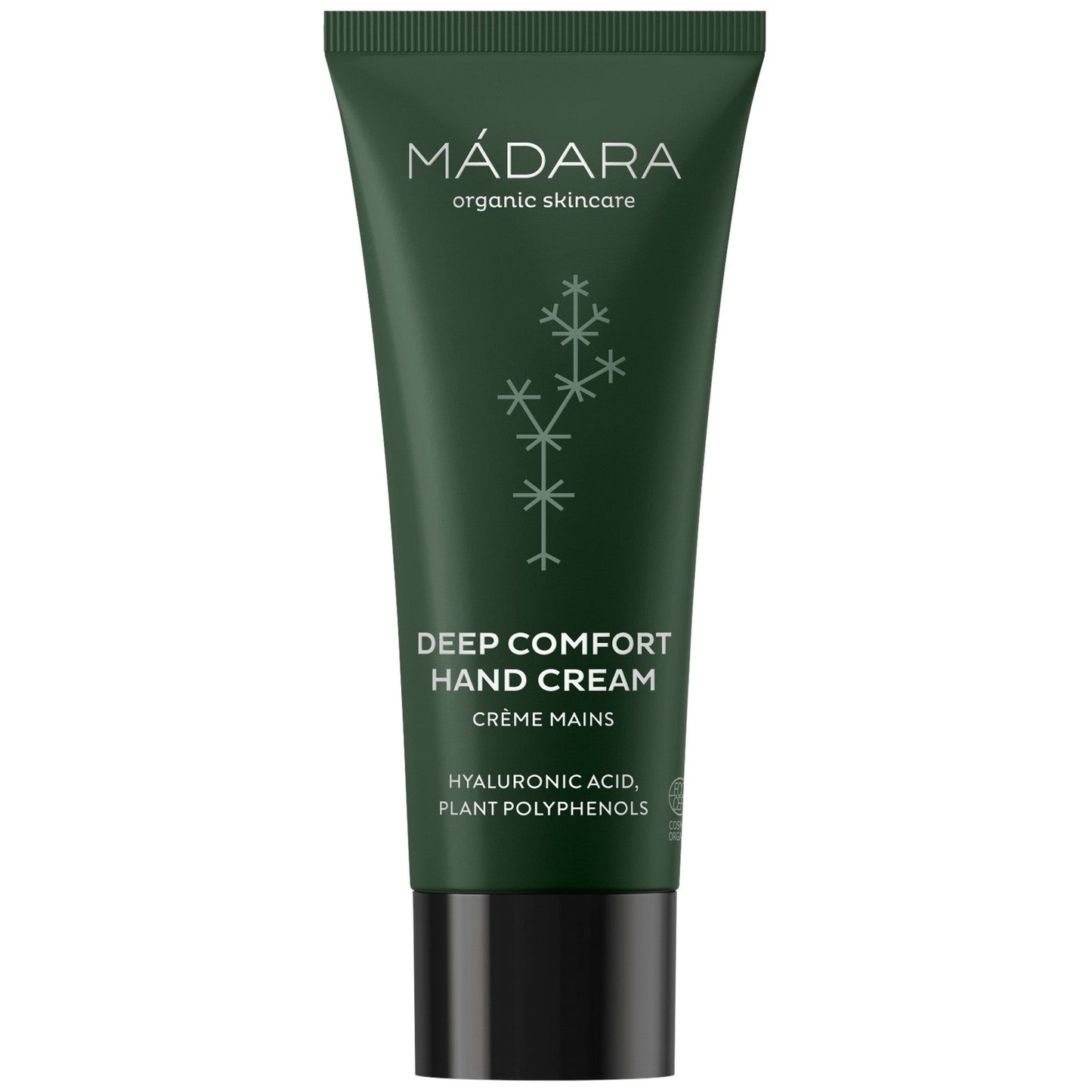 A dark green tube of MÁDARA Deep Comfort Hand Cream with a matte finish, white sans-serif text, and a simple plant graphic. The front label mentions hyaluronic acid and nourishing plant polyphenols. The tube is cylindrical with a flat cap. No people or hands visible; background is plain. Shot is straightforward product photography.