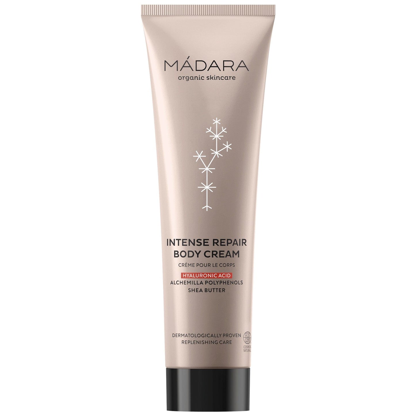 A beige tube of Mádara Intense Repair Body Cream with hyaluronic acid, shea butter, and nourishing alchemilla polyphenols. The plastic tube has a matte finish and a cylindrical shape with a flat flip-top cap. The front label displays bold black sans-serif text and small white star-like illustrations. Product is upright against a plain white background. No people or hands are visible in the image.