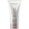 A white tube of MÁDARA organic skincare KIND Hydra Lotion for sensitive skin, labeled for kids and adults. The packaging features soft pink and gray geometric accents with product information in both English and French. Matte finish on the tube, upright cylindrical shape with a flat flip cap. Sans-serif bold black typography is used. Plain background, no visible people or hands, centered product shot.