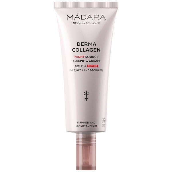 Madara Derma Collagen Night Source Yövoide; tuubi MÁDARA Derma Collagen Night Source Sleeping Cream -tuotetta kasvoille, kaulalle ja dekolteelle, suunniteltu tukemaan kollageenintuotantoa kiinteyden ja tiheyden tueksi; tuubi sylinterinmuotoinen mattapinnalla, selkeä musta groteskiteksti etupuolella; tausta pelkistetty valkoinen ilman muita esineitä, ihmisiä tai käsiä kuvassa.