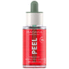 A bottle of Mádara Hyaluron Intense Peel Serum with a cylindrical shape, green dropper cap, and red liquid inside. The label is white with black text in bold sans-serif font; main visible text includes PEEL, 10% AHA + 1% HA, organic skincare. The surface has a matte finish. Product is standalone against a plain background.