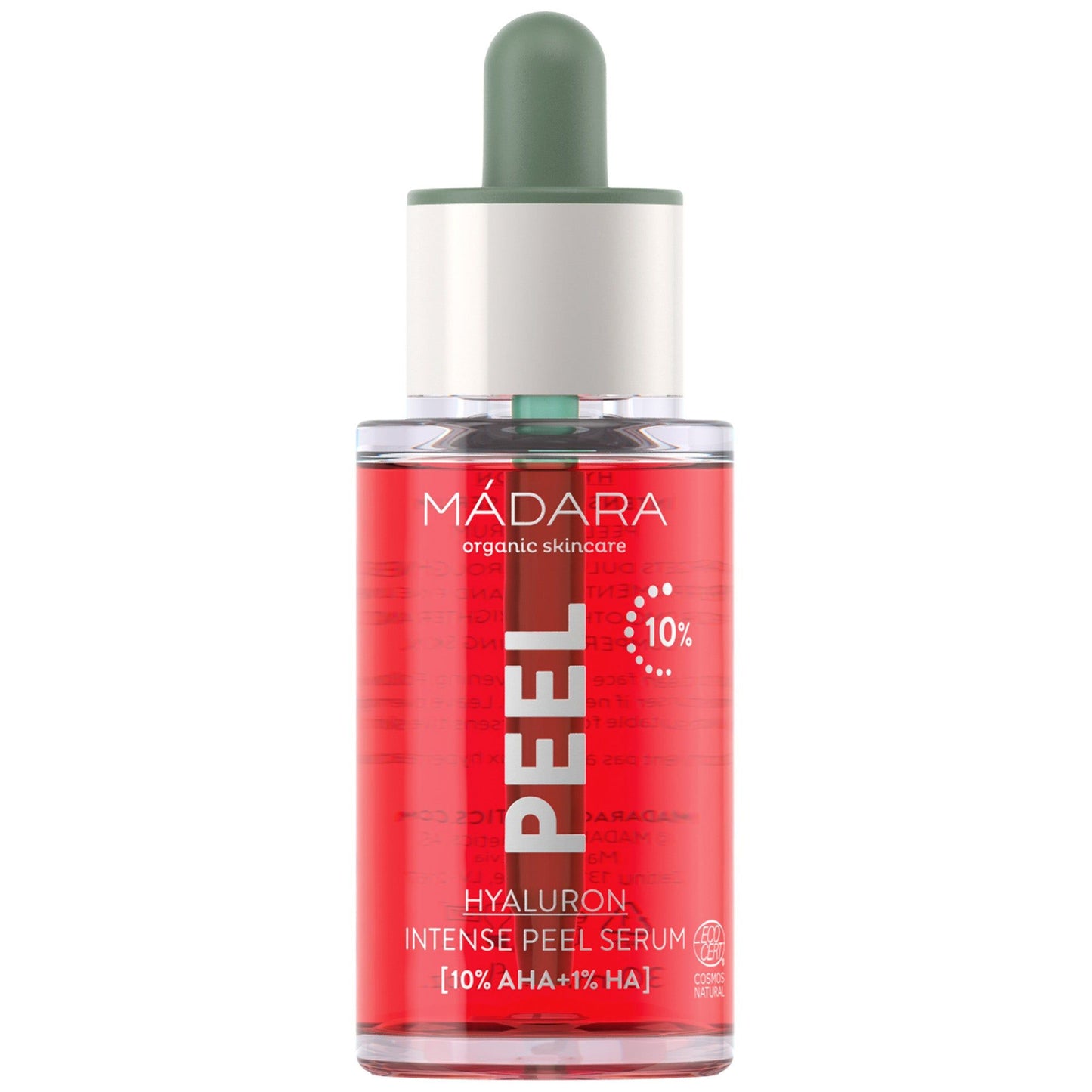 A bottle of Mádara Hyaluron Intense Peel Serum with a cylindrical shape, green dropper cap, and red liquid inside. The label is white with black text in bold sans-serif font; main visible text includes PEEL, 10% AHA + 1% HA, organic skincare. The surface has a matte finish. Product is standalone against a plain background.