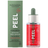 Madara Hyaluron Intense Peel Serum comes in a green box and features a striking red serum bottle, both labeled with white text and topped with a dropper lid. The surface finish of the box is matte, while the bottle has a glossy appearance. Label text is sans-serif and includes “10% AHA” and “hyaluronic acid.” No people or hands are present. Neutral background; straight-on product shot.