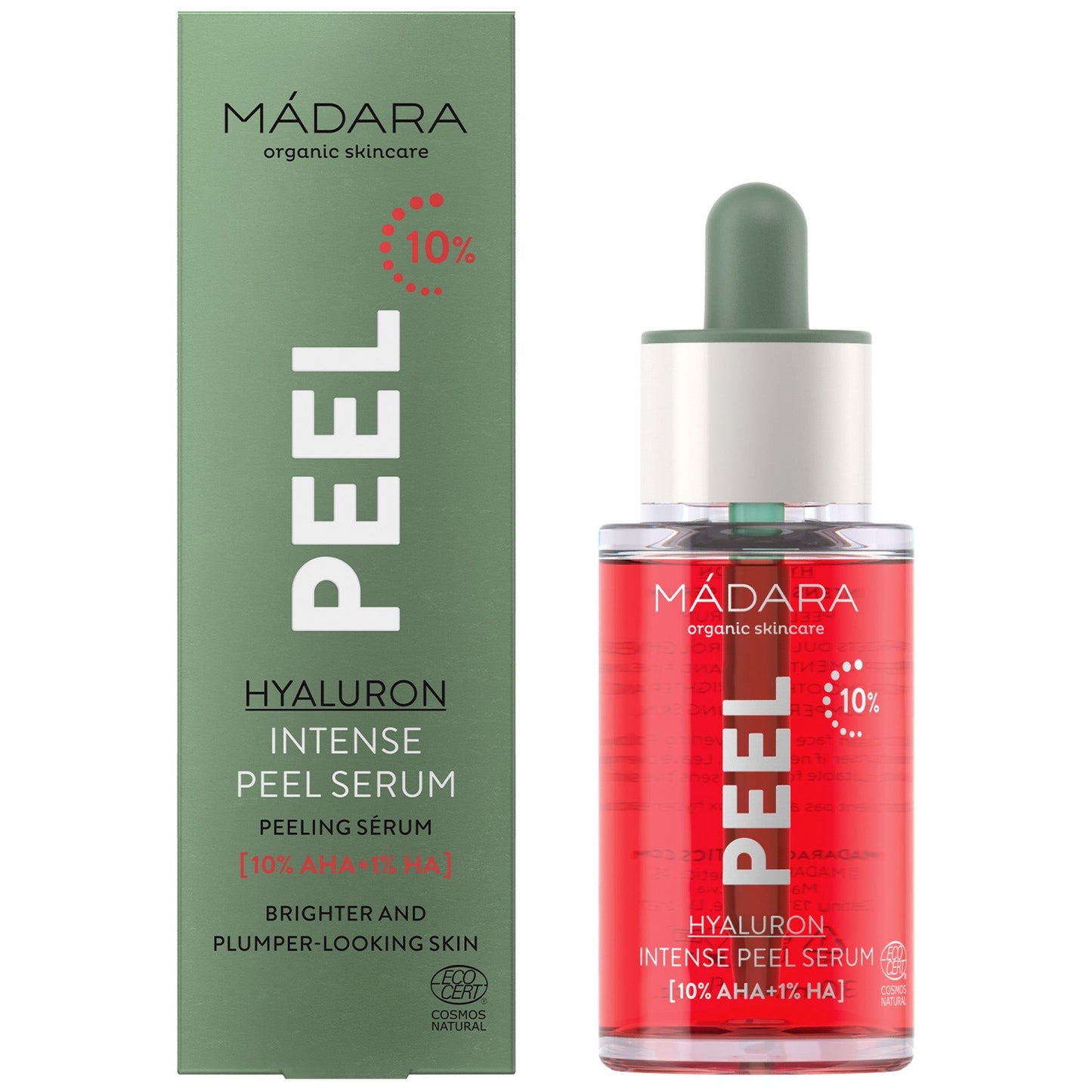 Madara Hyaluron Intense Peel Serum comes in a green box and features a striking red serum bottle, both labeled with white text and topped with a dropper lid. The surface finish of the box is matte, while the bottle has a glossy appearance. Label text is sans-serif and includes “10% AHA” and “hyaluronic acid.” No people or hands are present. Neutral background; straight-on product shot.