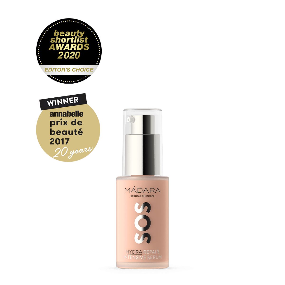 MÁDARA SOS Hydra Seerumi -pullo, vaaleanpunainen mattapinta, pumppuannostelija, valkoinen groteskiteksti; palkintotarrat "Beauty Shortlist Awards 2020 Editors Choice" ja "Annabelle Prix de Beauté 2017 Winner"
