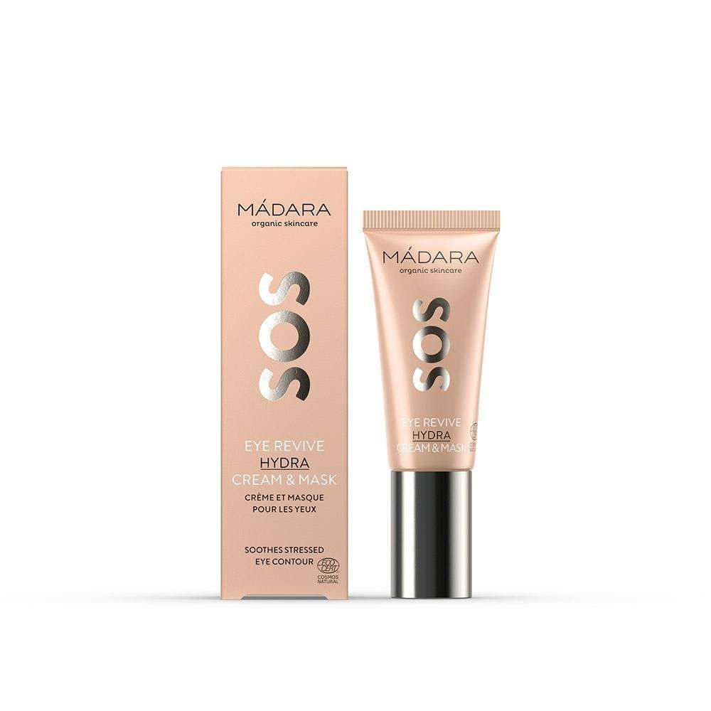 MÁDARA SOS Eye Revive Hydra Cream & Mask; putkilo ja rasia, molemmat vaaleanpunaisessa pakkauksessa valkoisella tekstillä; matta pinta, suorakulmainen, minimalistinen muotoilu; etiketissä teksti "MÁDARA SOS Eye Revive Hydra Cream & Mask" groteskifontilla; vaalea, tasaisesti valaistu tausta; ei ihmisiä.