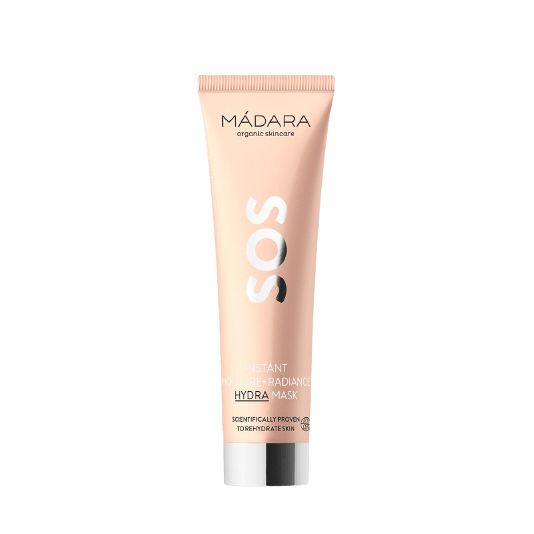 MÁDARA SOS Hydra Mask naamio -tuubi, vaaleanpunainen mattapinta, sylinterinmuotoinen, tasainen korkki; musta groteskiteksti "MÁDARA organic skincare SOS Instant Moisture + Radiance Hydra Mask"