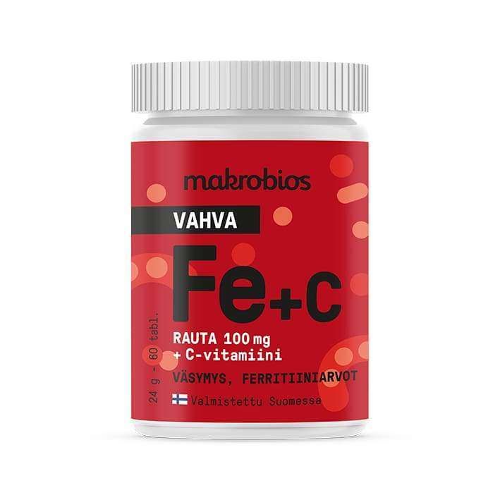Makrobios Vahva Fe+C -rautalisä, sekä C-vitamiini; valkoinen pullo punaisella etiketillä, suomenkielinen annostustieto; muovinen, lieriömäinen pullo mattapinnalla, yhteensopiva valkoinen korkki ja lihavoitua valkoista groteskitekstiä punaisella pohjalla; tuote kuvattu vaalealla, kevyellä taustalla, ei ihmisiä tai rekvisiittaa.