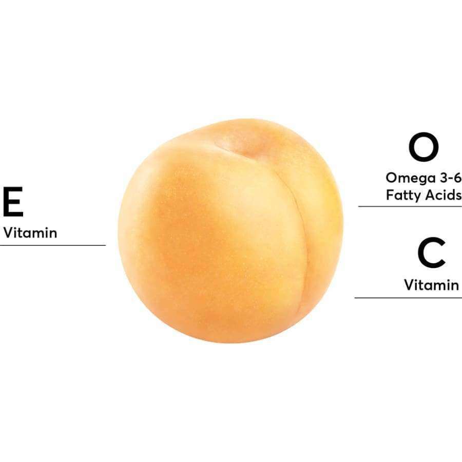 Kokonainen aprikoosi keskellä valkoista taustaa, merkinnät E-vitamiinista, omega 3-6-rasvahapoista ja C-vitamiinista; tasainen mattapintainen pyöreä hedelmä, ei pakkausta